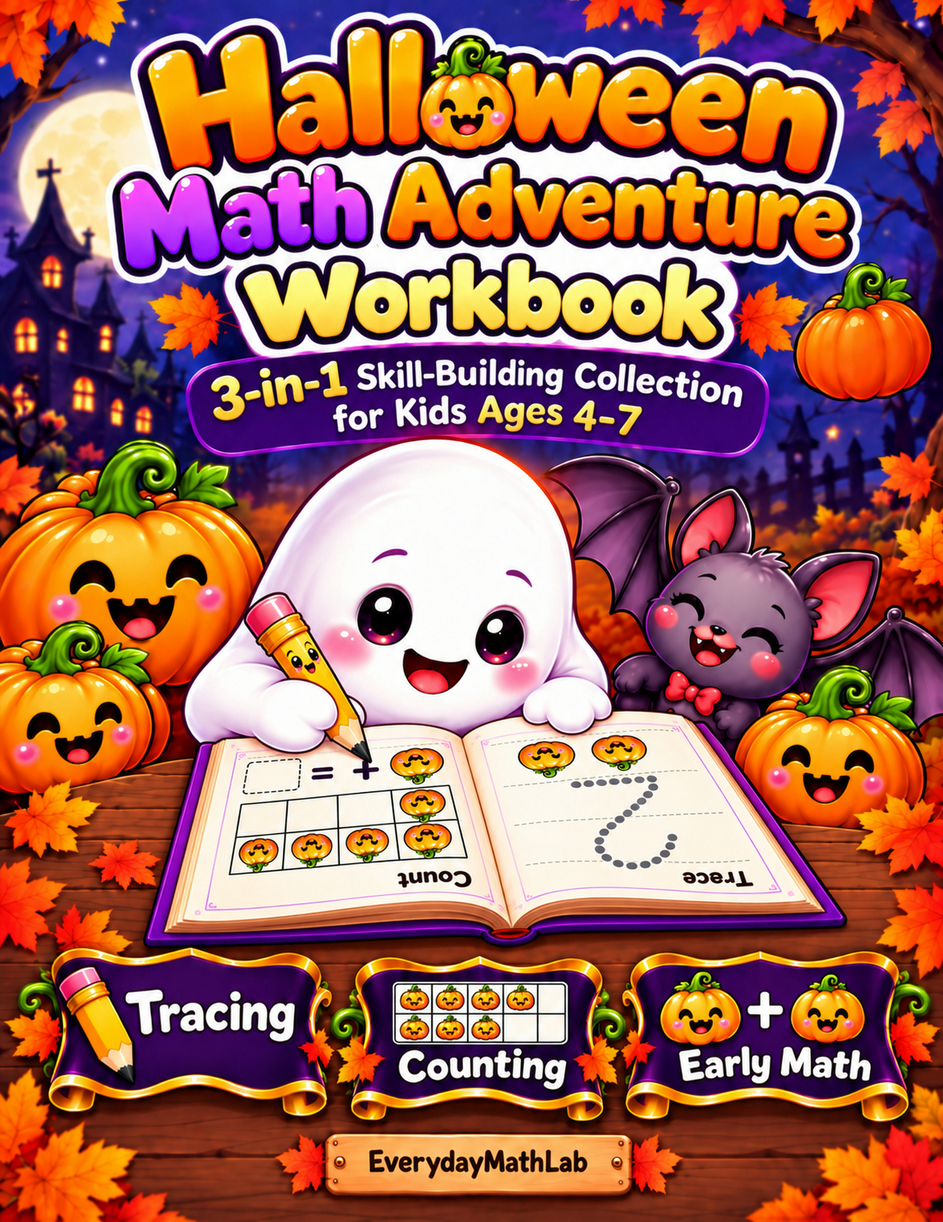 Halloween Math Adventure Workbook 3-in-1 skill-building collection for ages 4 to 7